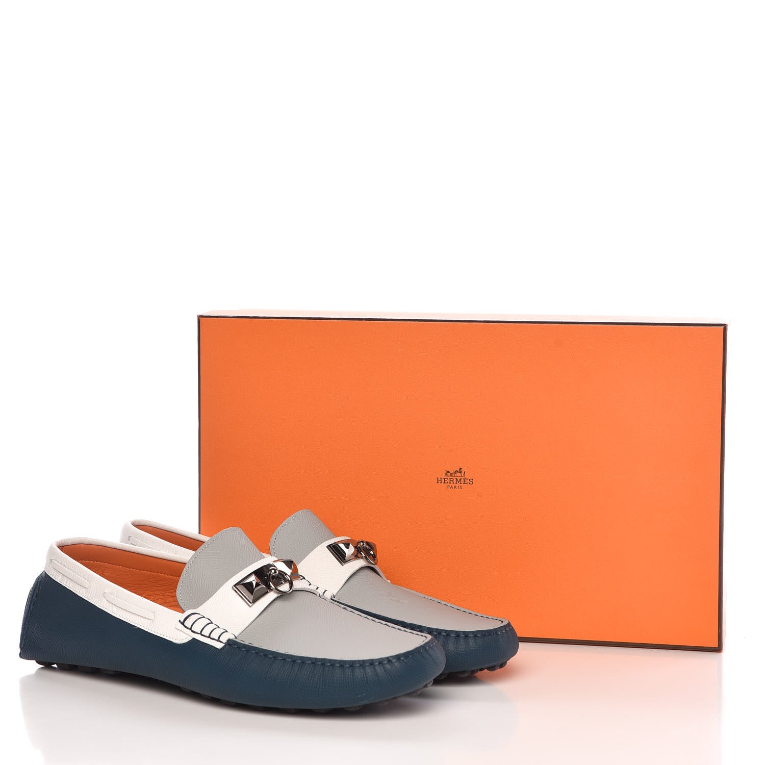 Hermes Epsom Mens Irving Driving Moccasin Loafers 43 Bleu Glacier Blanc Colvert 9 of 9