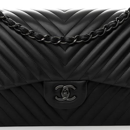 Chanel Lambskin Chevron Quilted Jumbo Double Flap So Black 8 of 13
