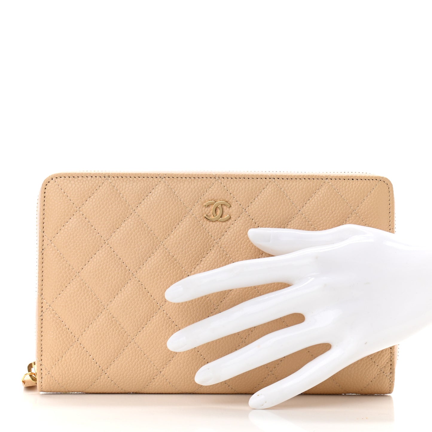 Caviar Quilted Large Zip Around Organizer Wallet Beige