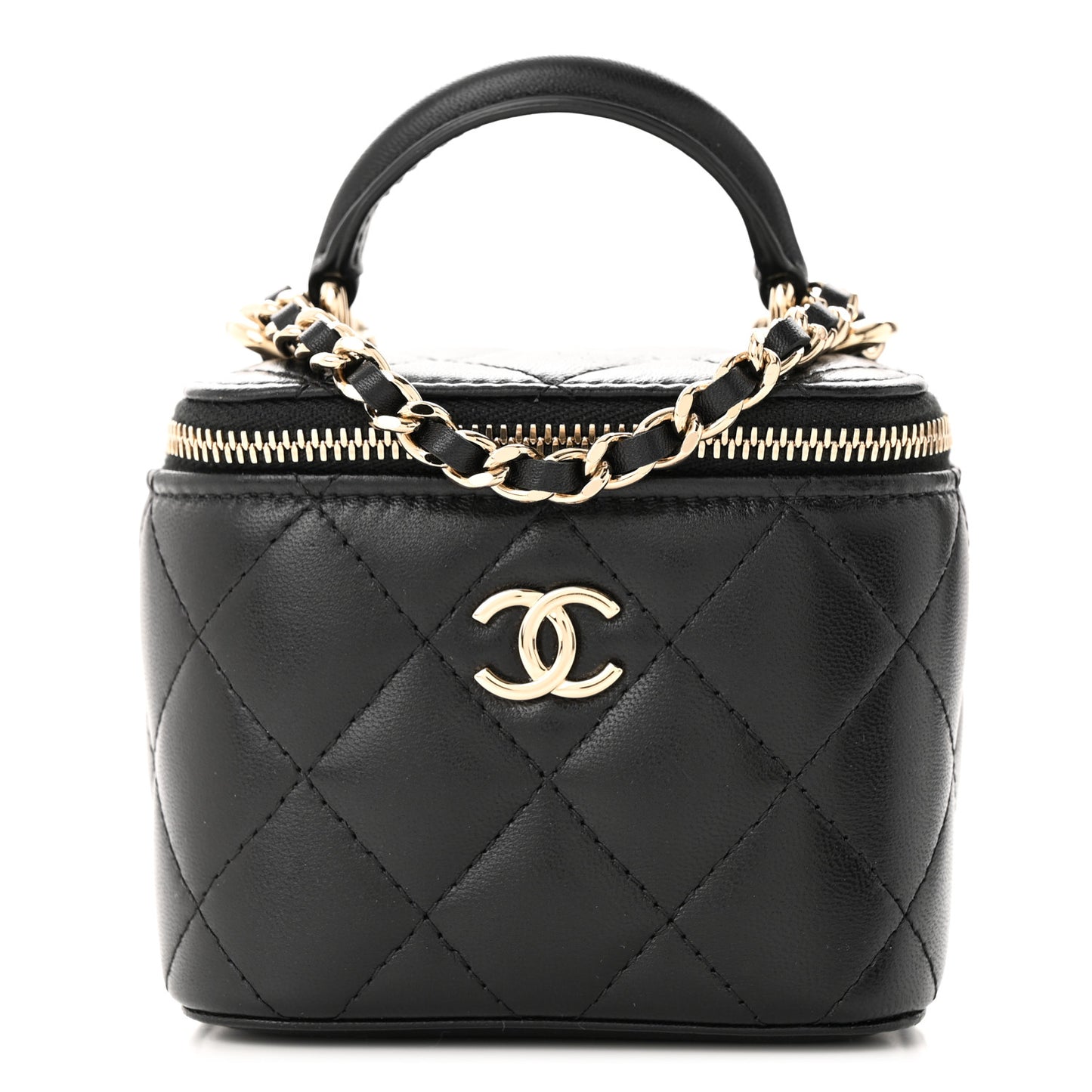 Lambskin Quilted Top Handle Mini Vanity Case With Chain Black