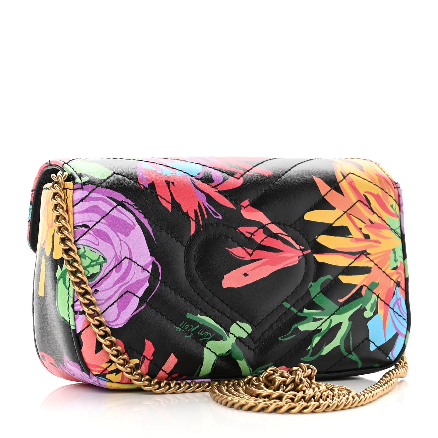 X KEN SCOTT Calfskin Matelasse Floral Print Super Mini GG Marmont Shoulder Bag Black