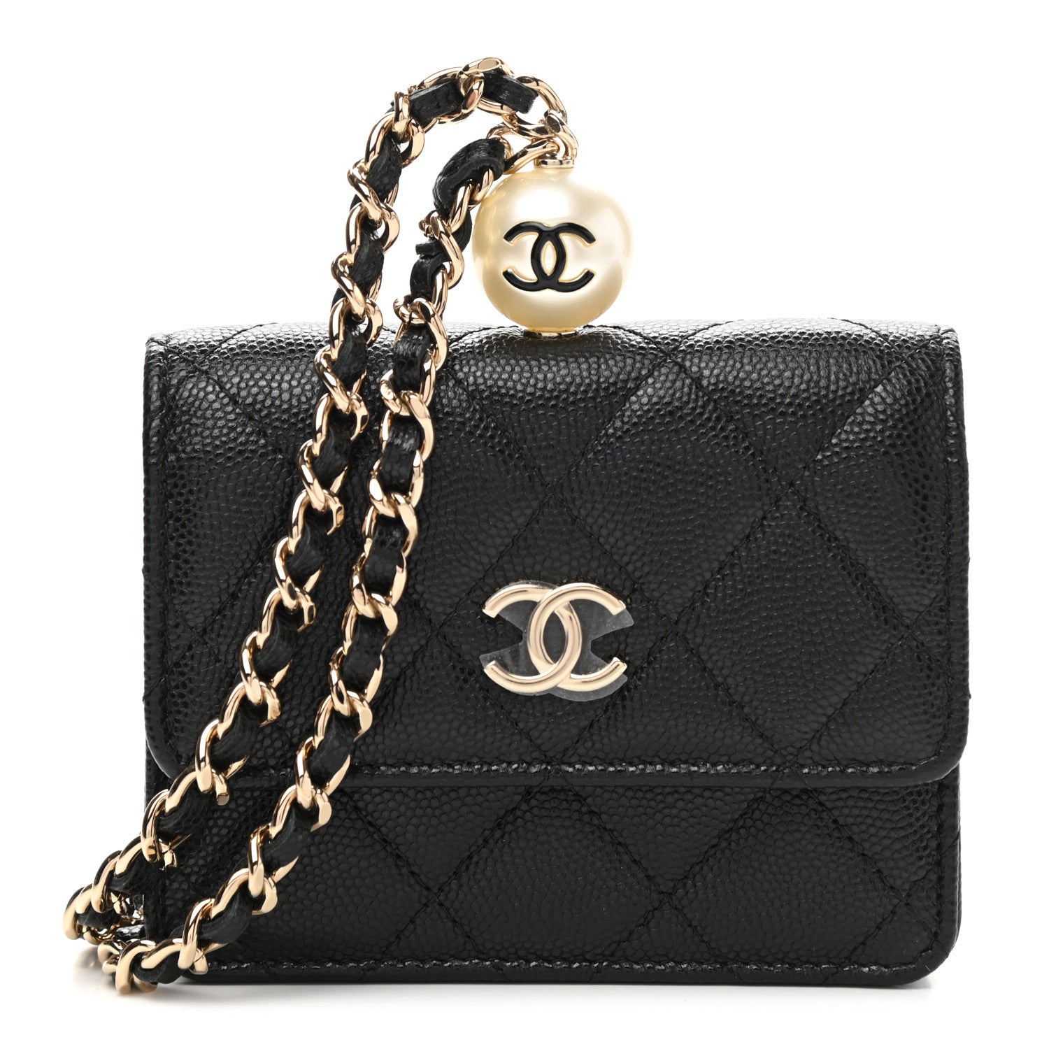 Chanel Caviar Quilted Mini Pearl On Top Coin Purse With Chain Black 1 of 9