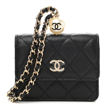 Chanel Caviar Quilted Mini Pearl On Top Coin Purse With Chain Black 1 of 9