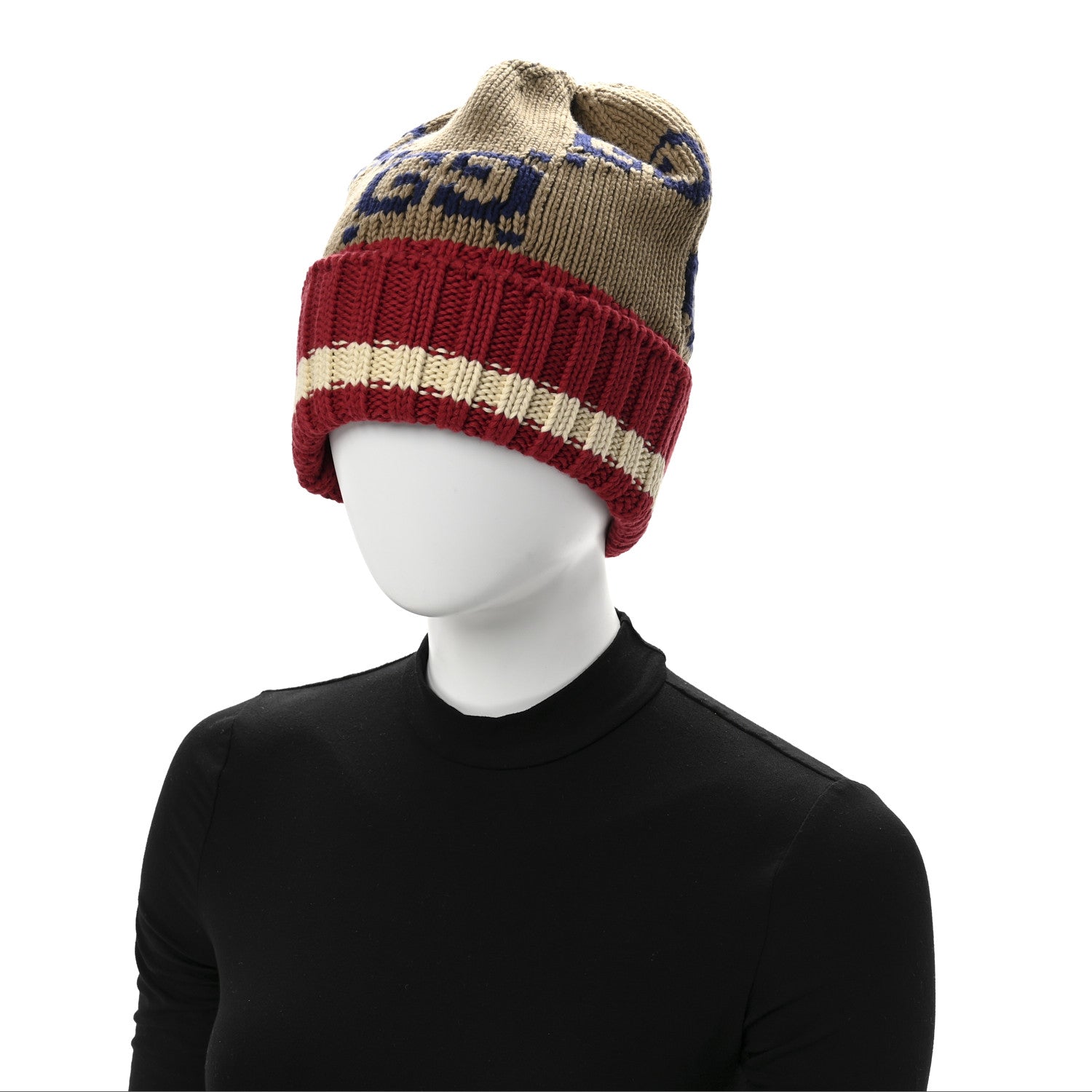 Gucci Cotton Monogram Jumbo GG Beanie Hat S Beige Red 2 of 5