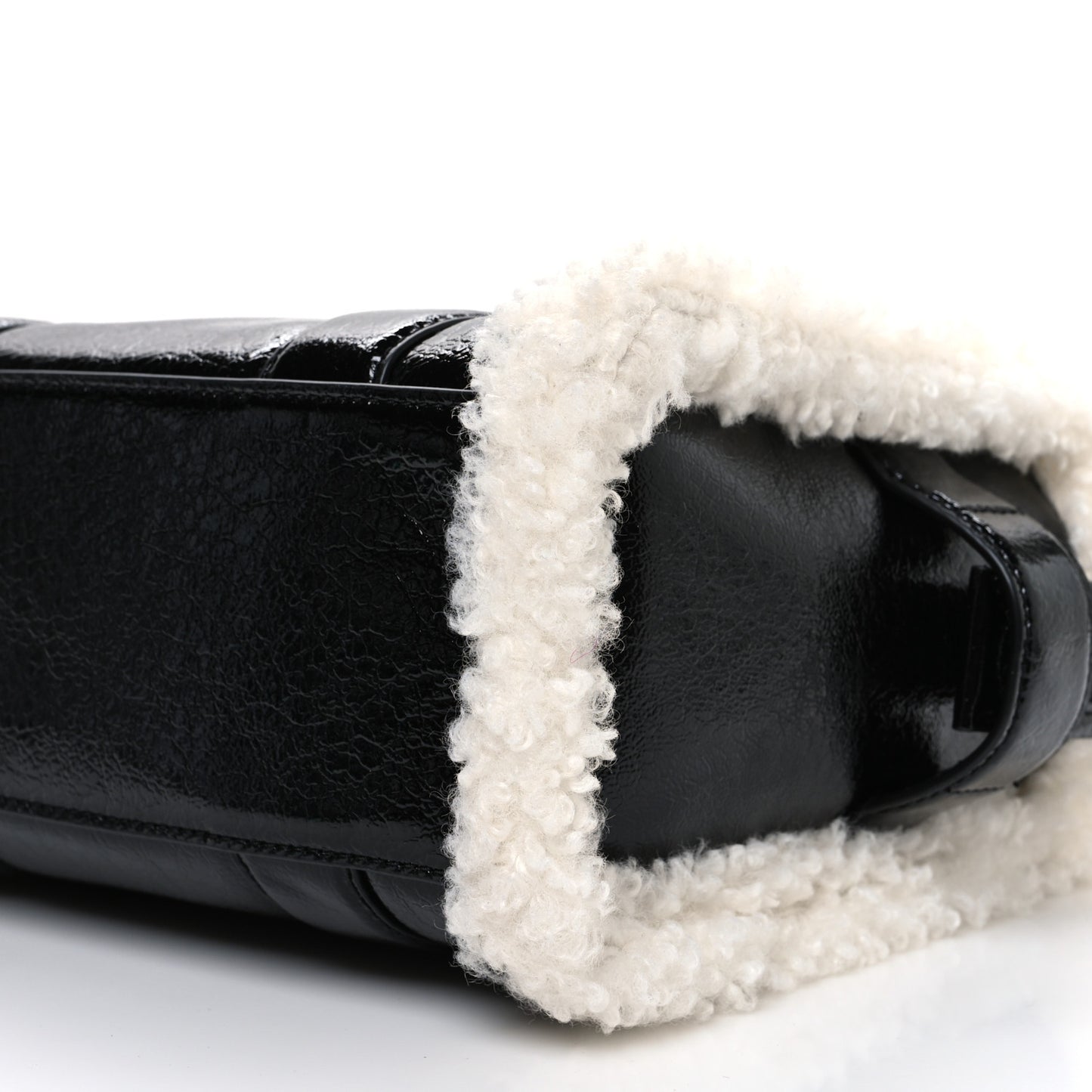 Shiny Calfskin Faux Shearling Mini The Traveler Tote Bag Black