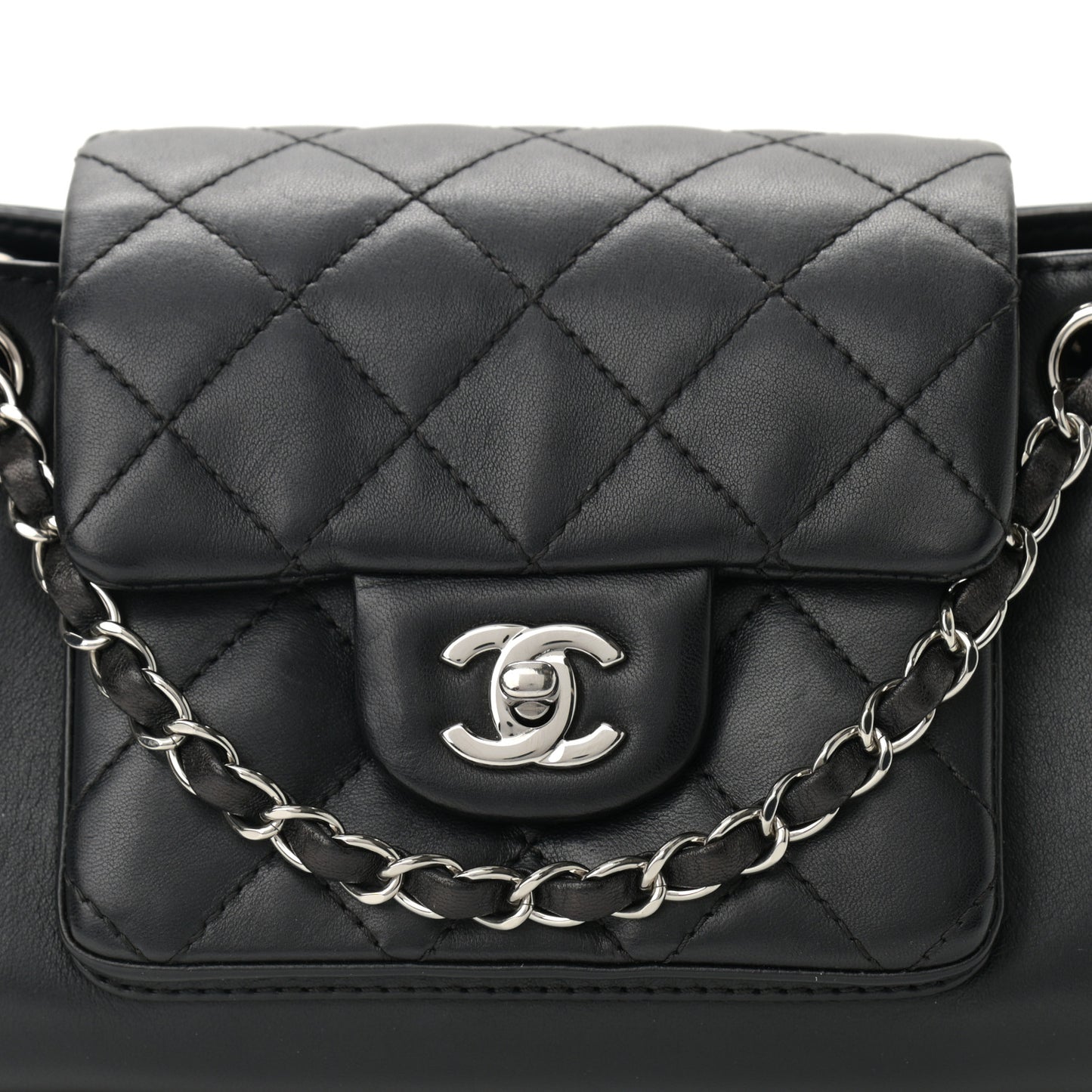 Lambskin Quilted CC Small Accordion Shopping Bag Black