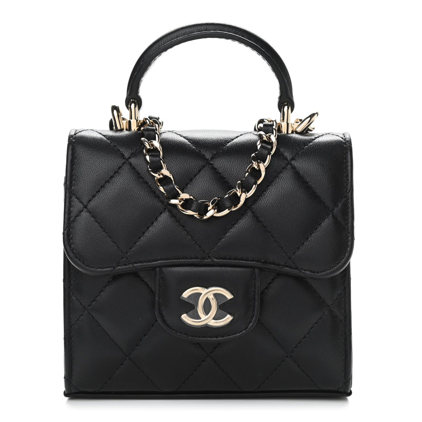 Lambskin Quilted Top Handle Flap Clutch With Chain Black