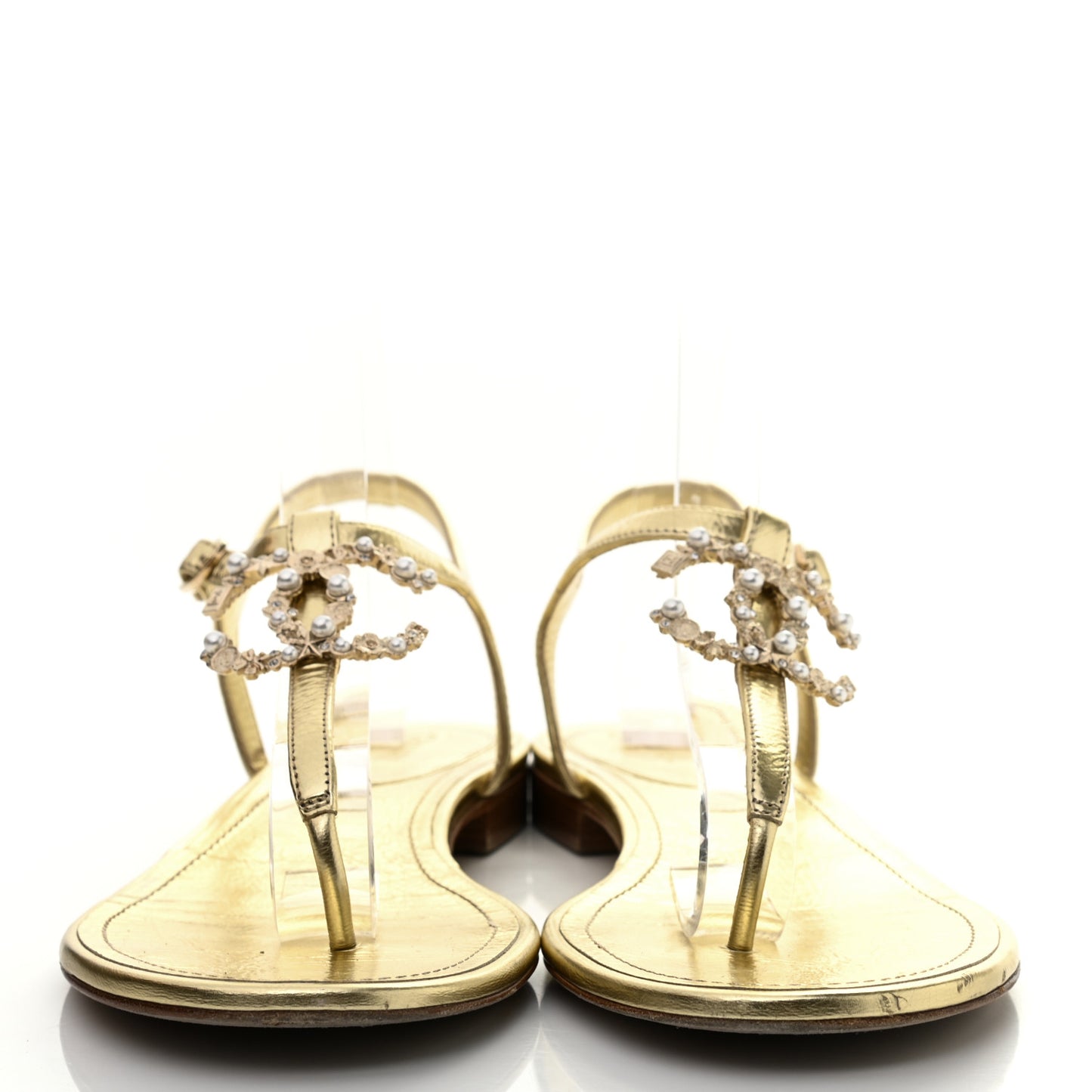 Aged Metallic Calfskin Pearl CC Charm Thong Sandals 40 Gold