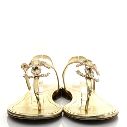 Chanel Aged Metallic Calfskin Pearl CC Charm Thong Sandals 40 Gold 2 of 10