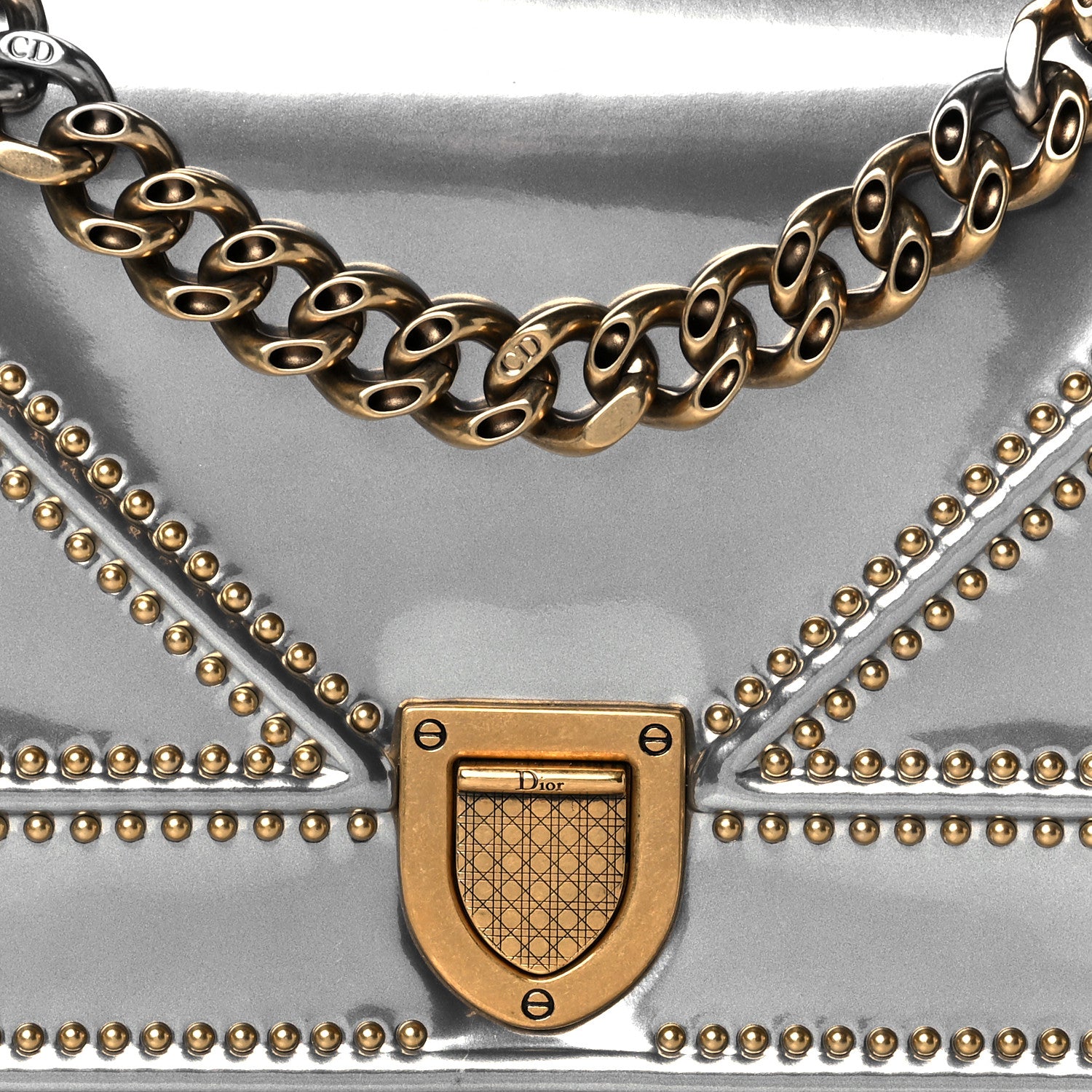 Christian Dior Metallic Patent Studded Small Diorama Flap Bag Silver 7 of 9