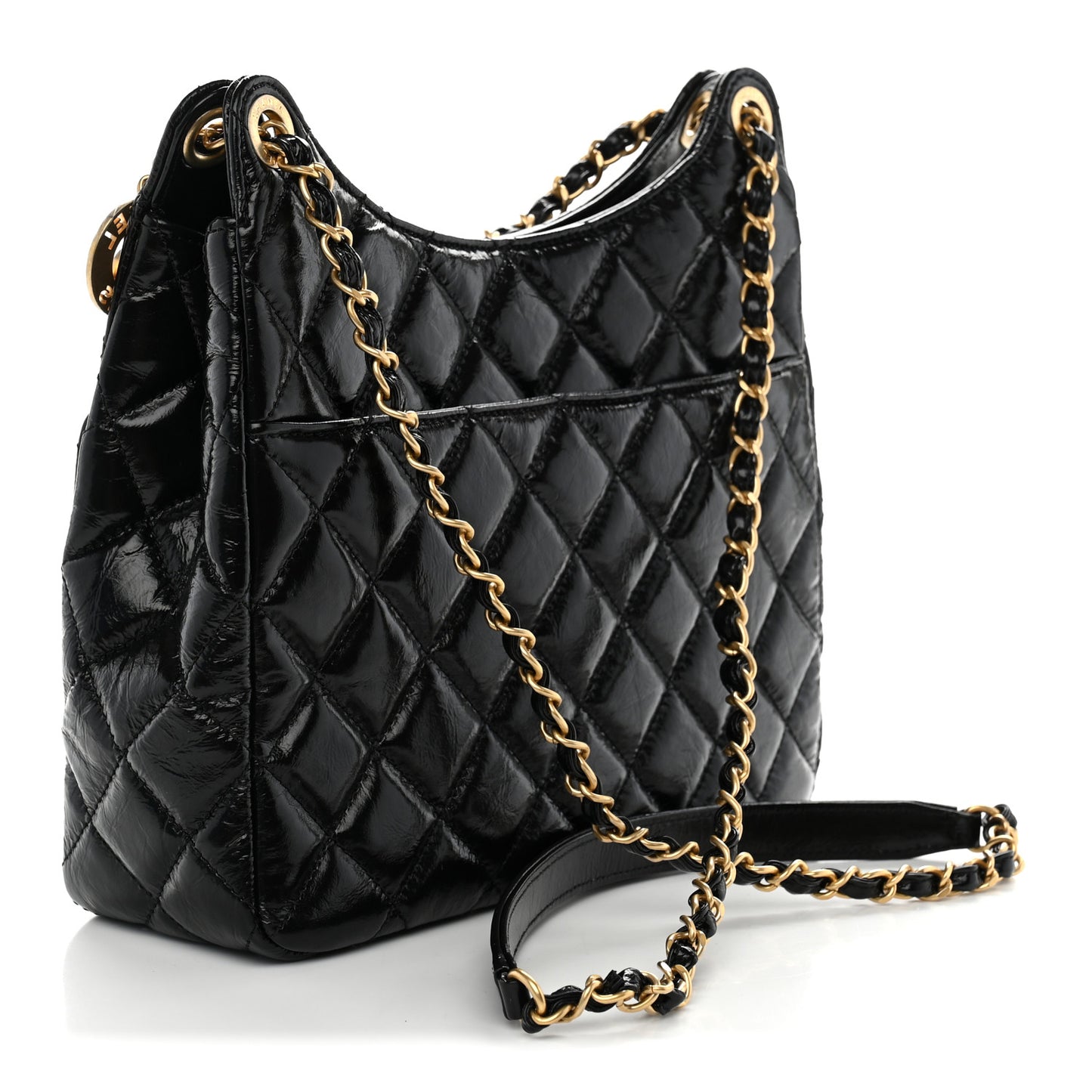 Shiny Crumpled Calfskin Quilted Wavy CC Hobo Black