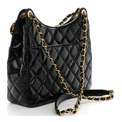 Chanel Shiny Crumpled Calfskin Quilted Wavy CC Hobo Black 3 of 11