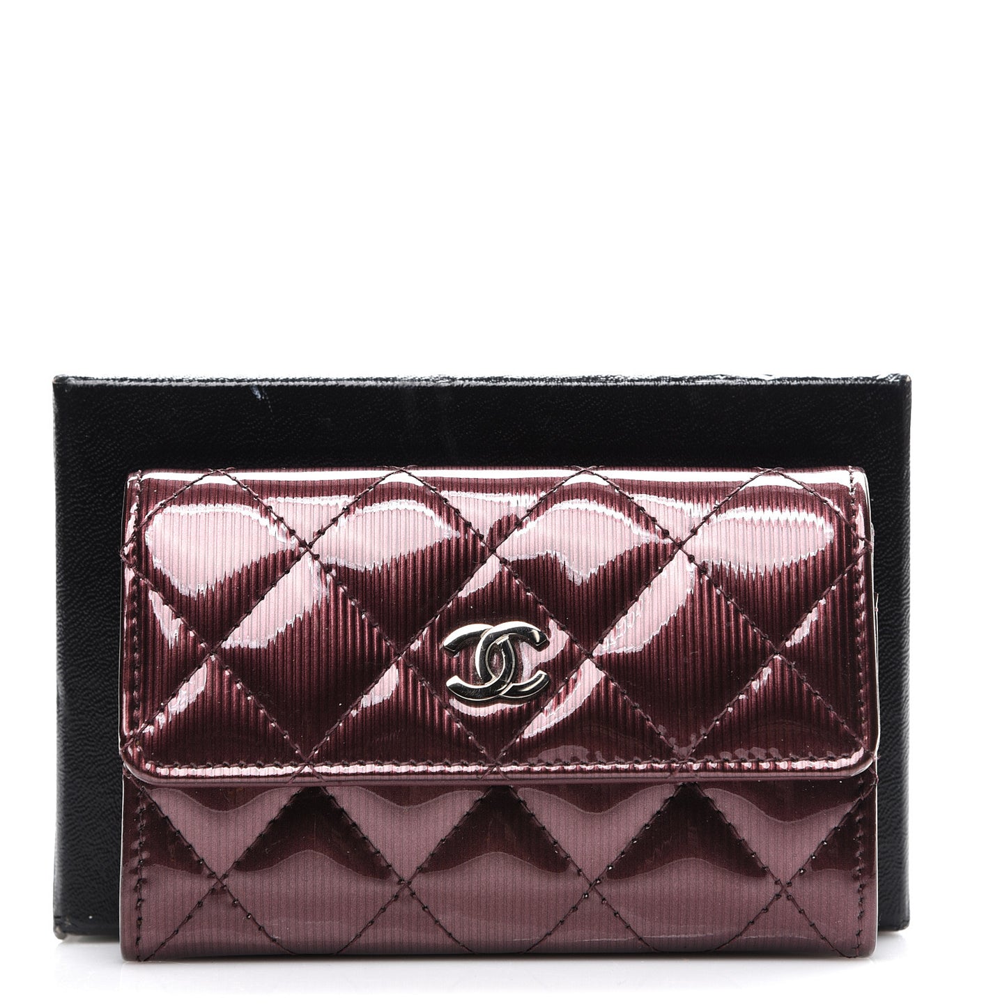 Striated Patent Quilted Flap Card Holder Burgundy