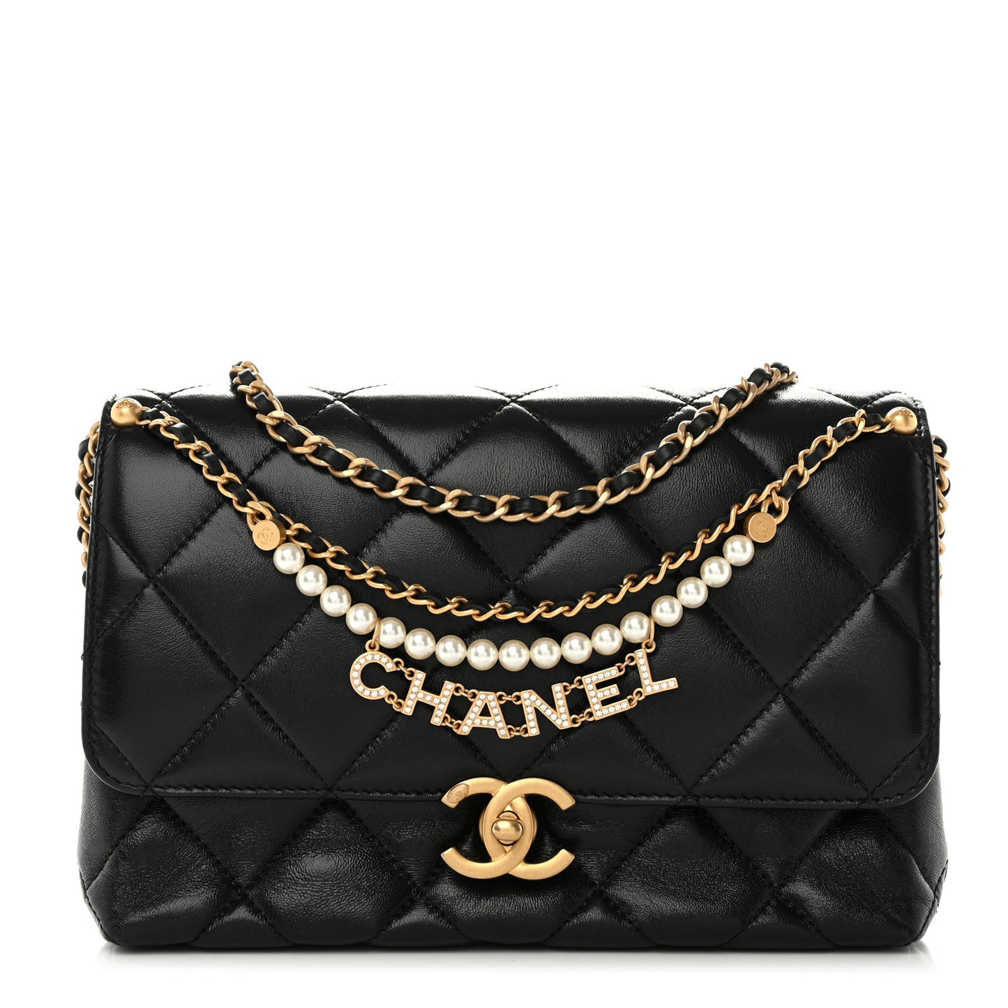 Lambskin Quilted Pearl Crystal Logo Flap Black