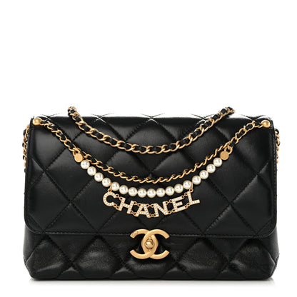 Chanel Lambskin Quilted Pearl Crystal Logo Flap Black 1 of 10