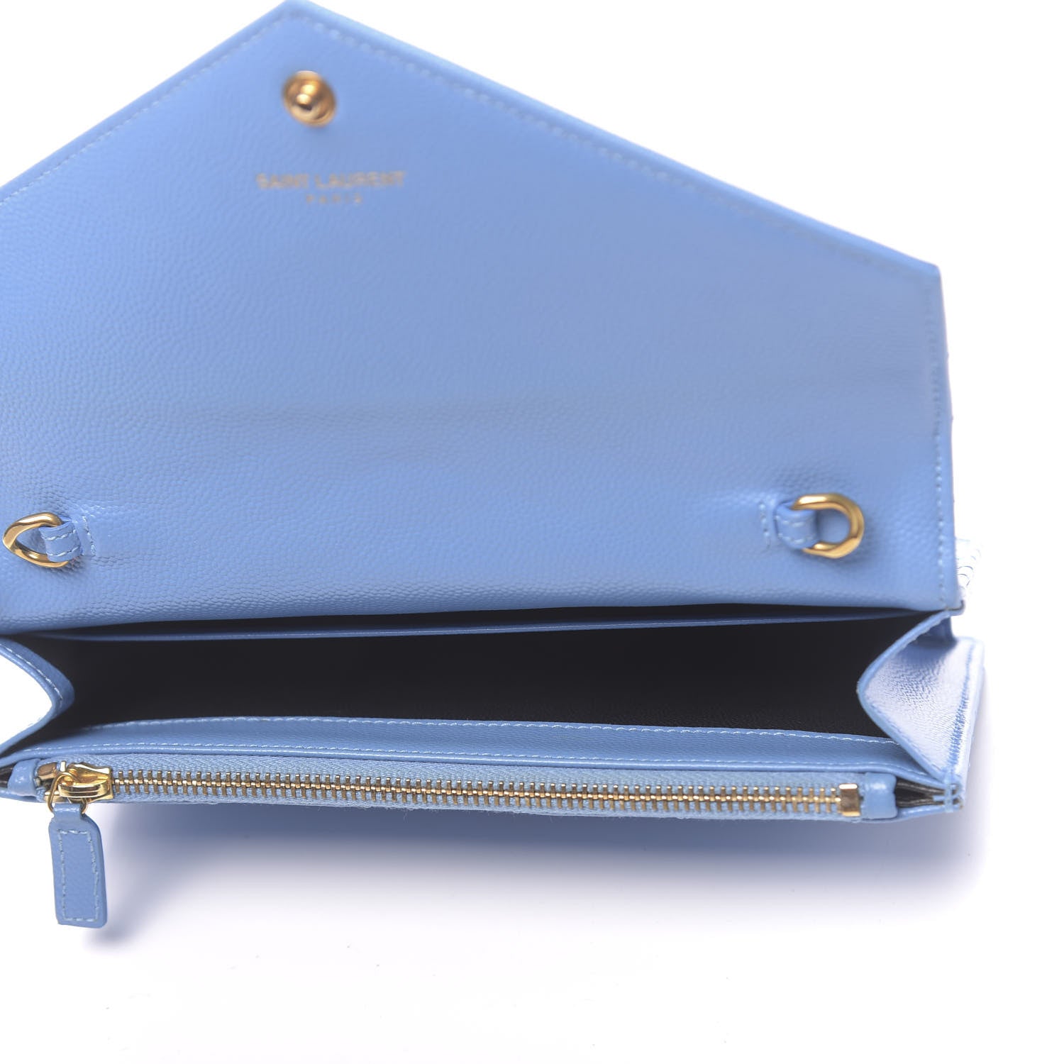 Saint Laurent Grain De Poudre Matelasse Chevron Monogram Envelope Chain Wallet Blue Clair 5 of 11