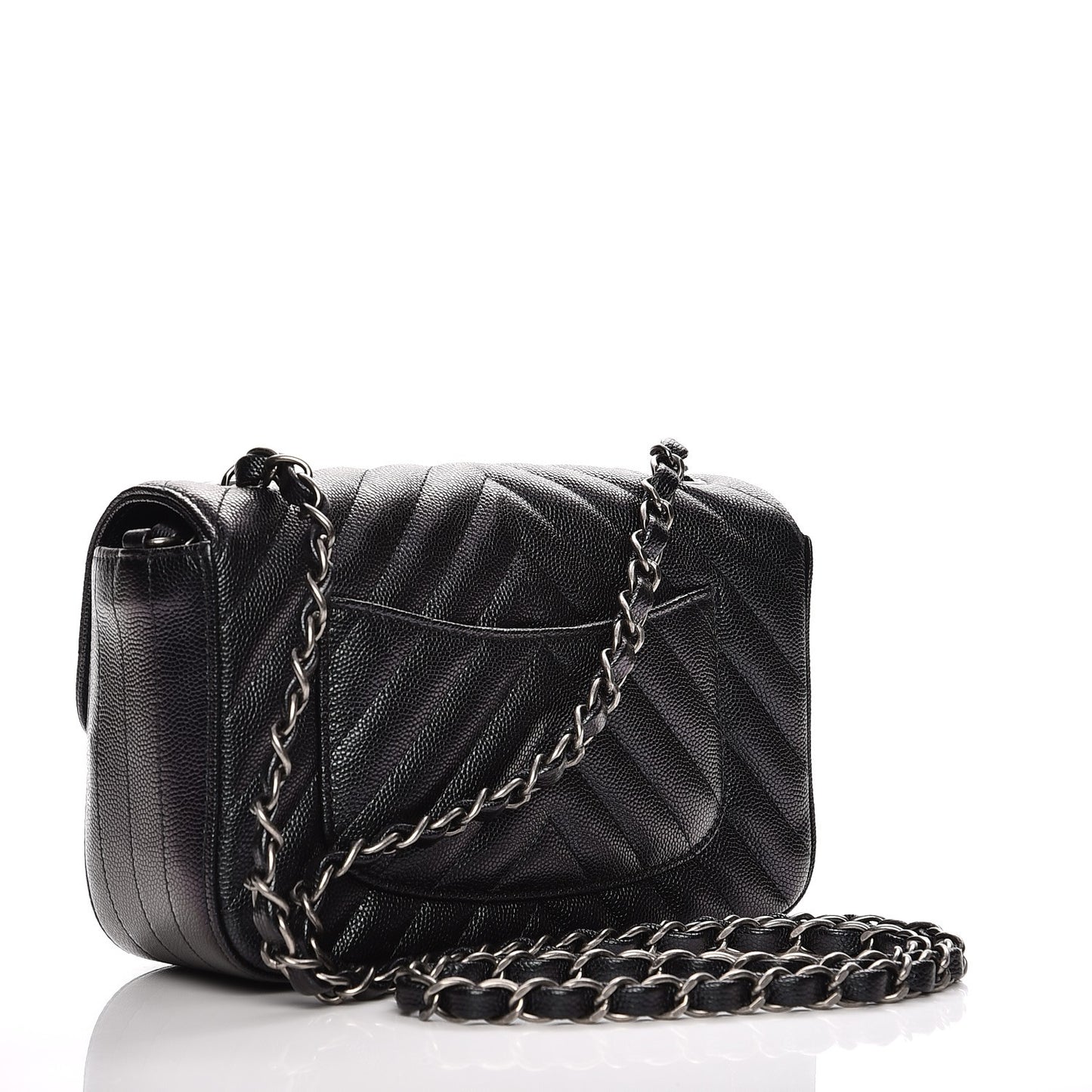 Metallic Caviar Chevron Quilted Mini Rectangular Flap Black