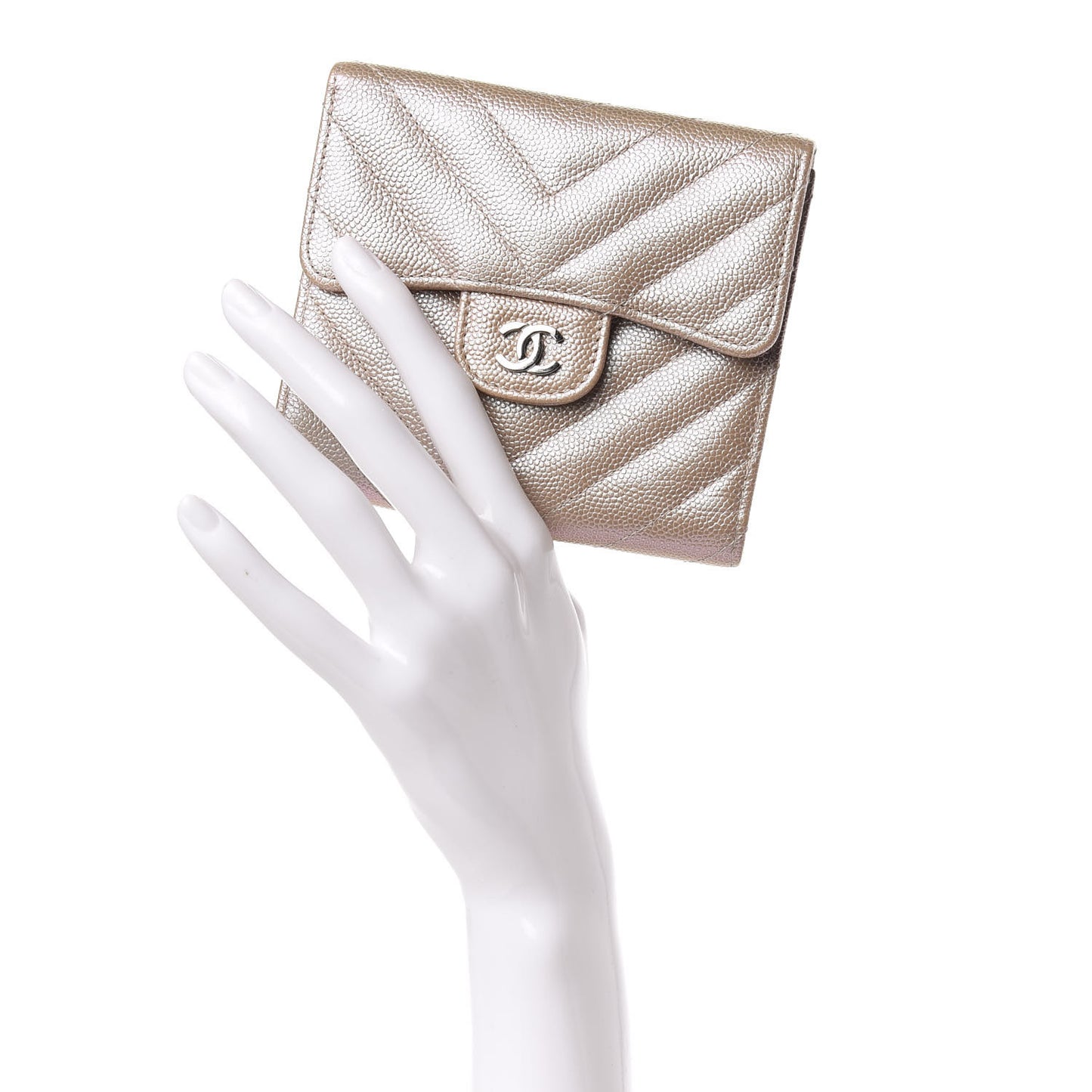 Metallic Caviar Chevron Quilted Compact Flap Wallet Light Gold