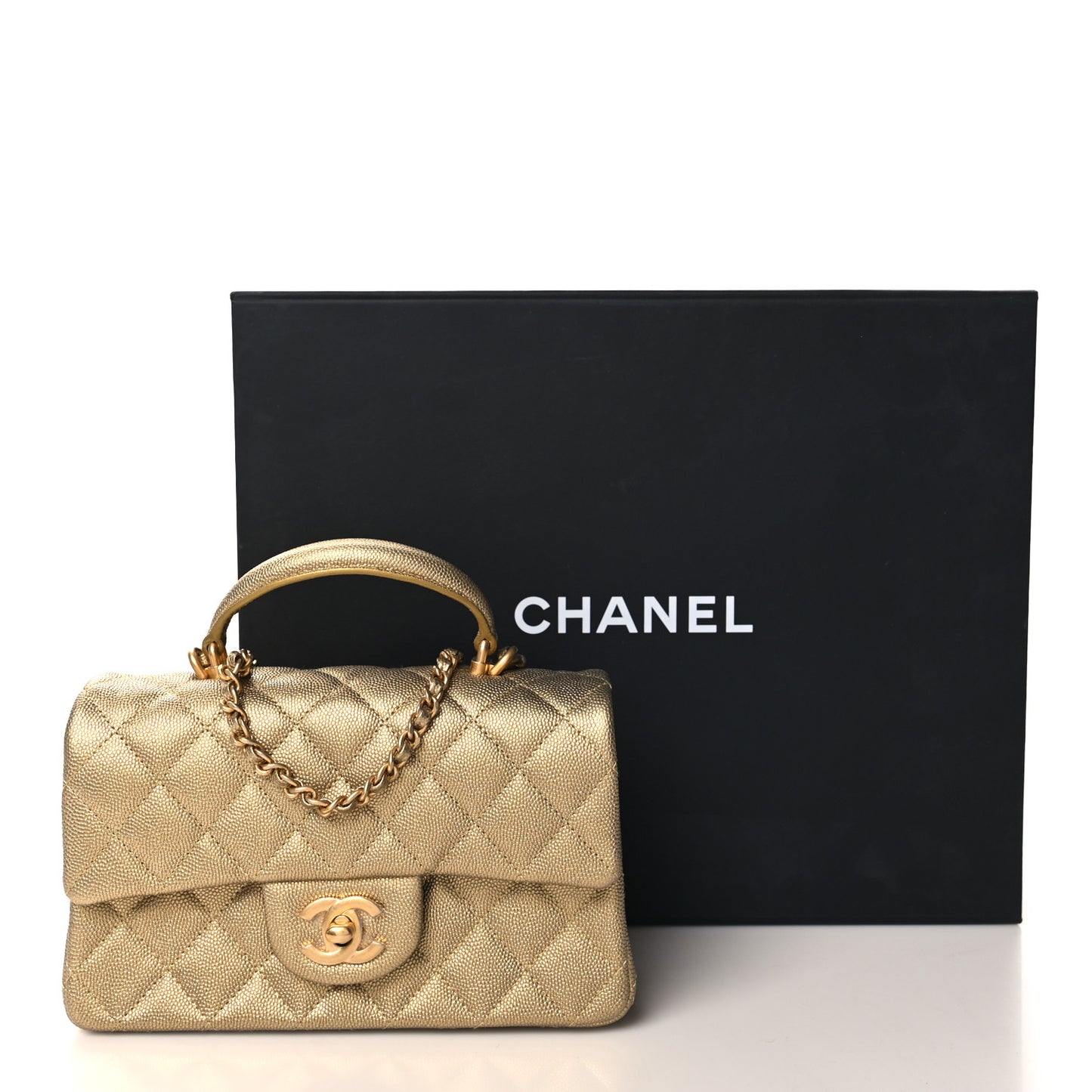 Metallic Caviar Quilted Mini Top Handle Rectangular Flap Gold