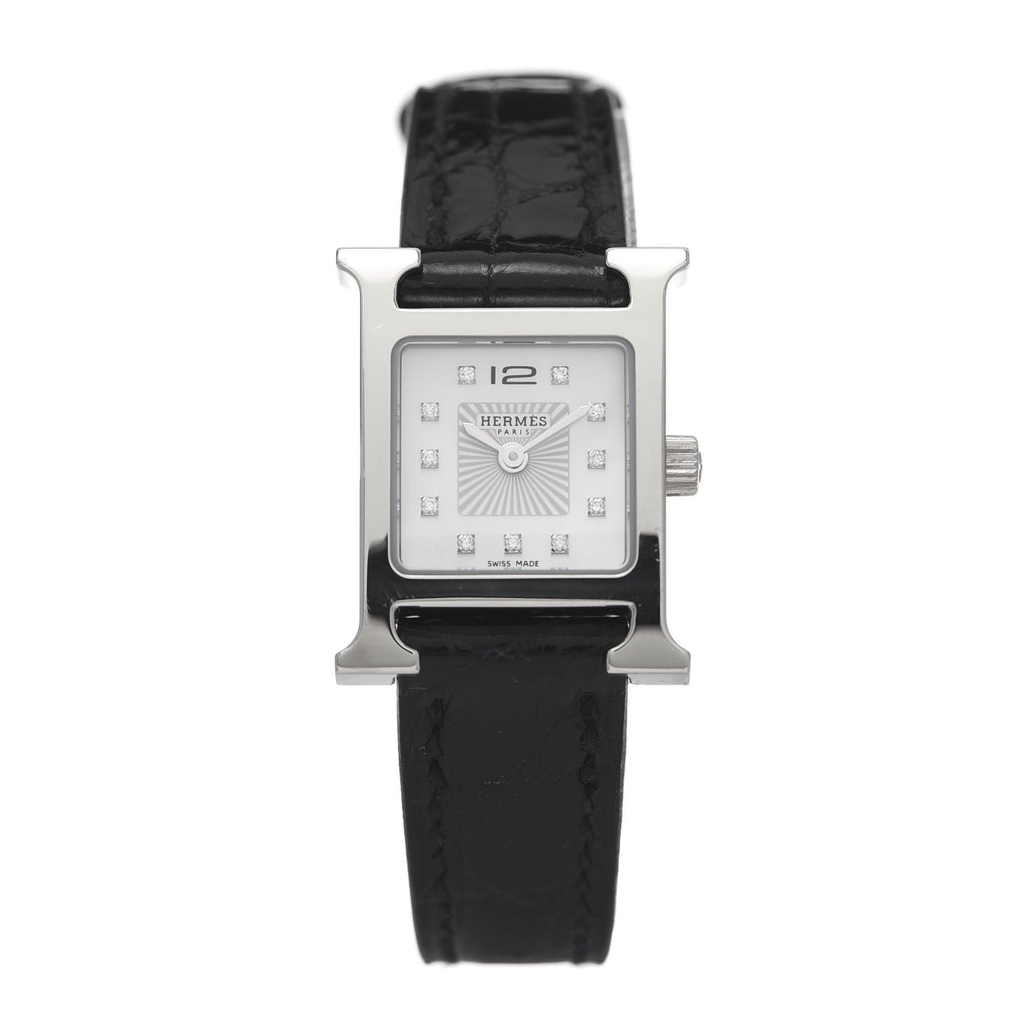 Stainless Steel Alligator Diamond Mother of Pearl 17.2mm Heure H Hour Quartz Watch Noir