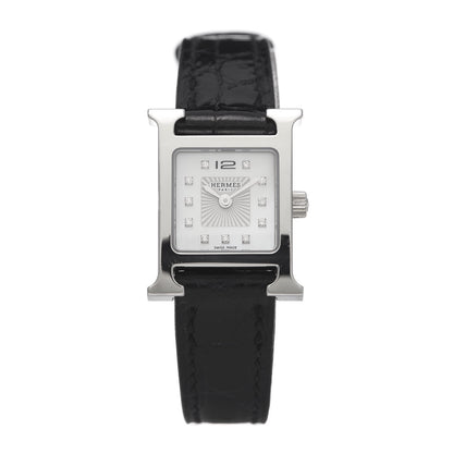 Hermes Stainless Steel Alligator Diamond Mother of Pearl 17.2mm Heure H Hour Quartz Watch Noir 1 of 9