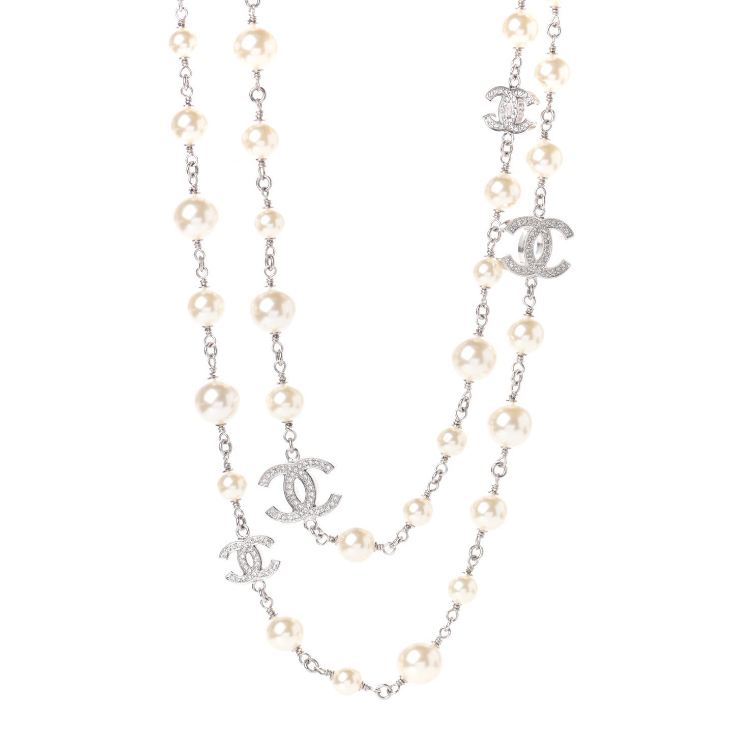 Crystal Pearl CC Long Necklace Silver