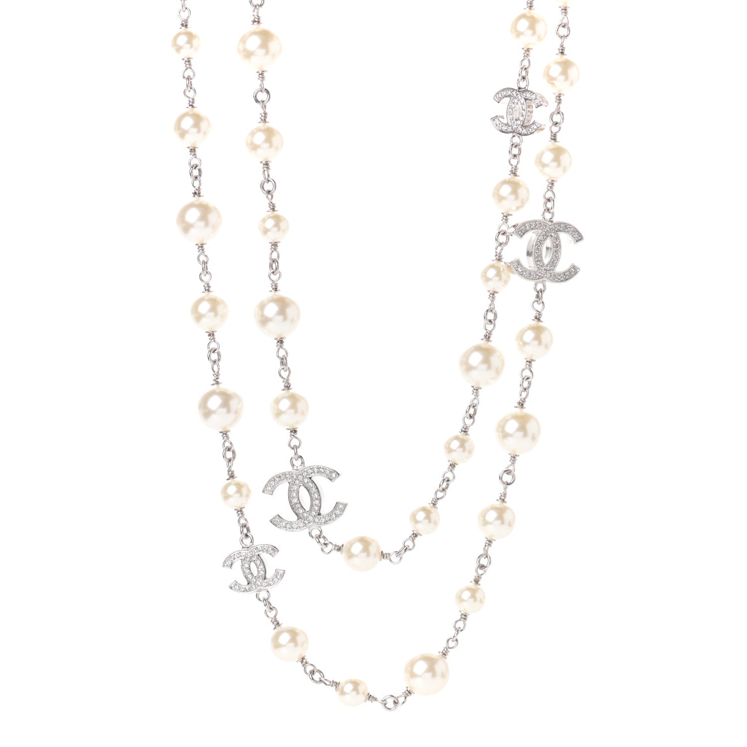 Chanel Crystal Pearl CC Long Necklace Silver 1 of 4