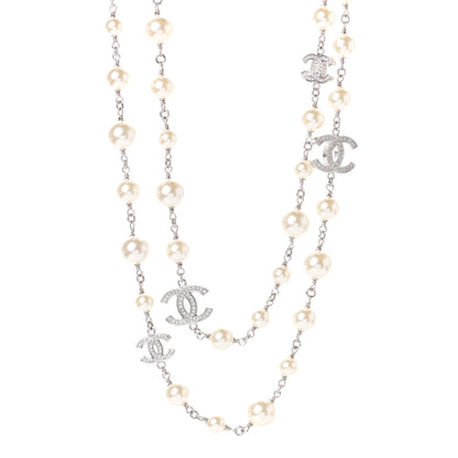 Chanel Crystal Pearl CC Long Necklace Silver 1 of 4