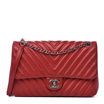 Chanel Lambskin Chevron Double Stitch Jumbo Single Flap Red 1 of 13