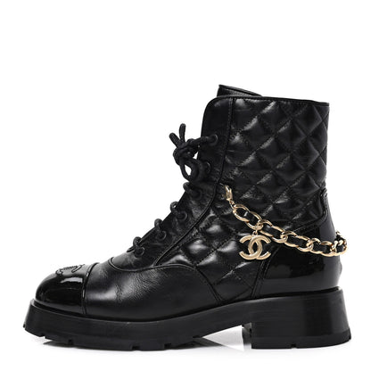 Chanel Shiny Calfskin Patent Quilted Chain Lace Up Combat Boots 37 Black 1 of 8