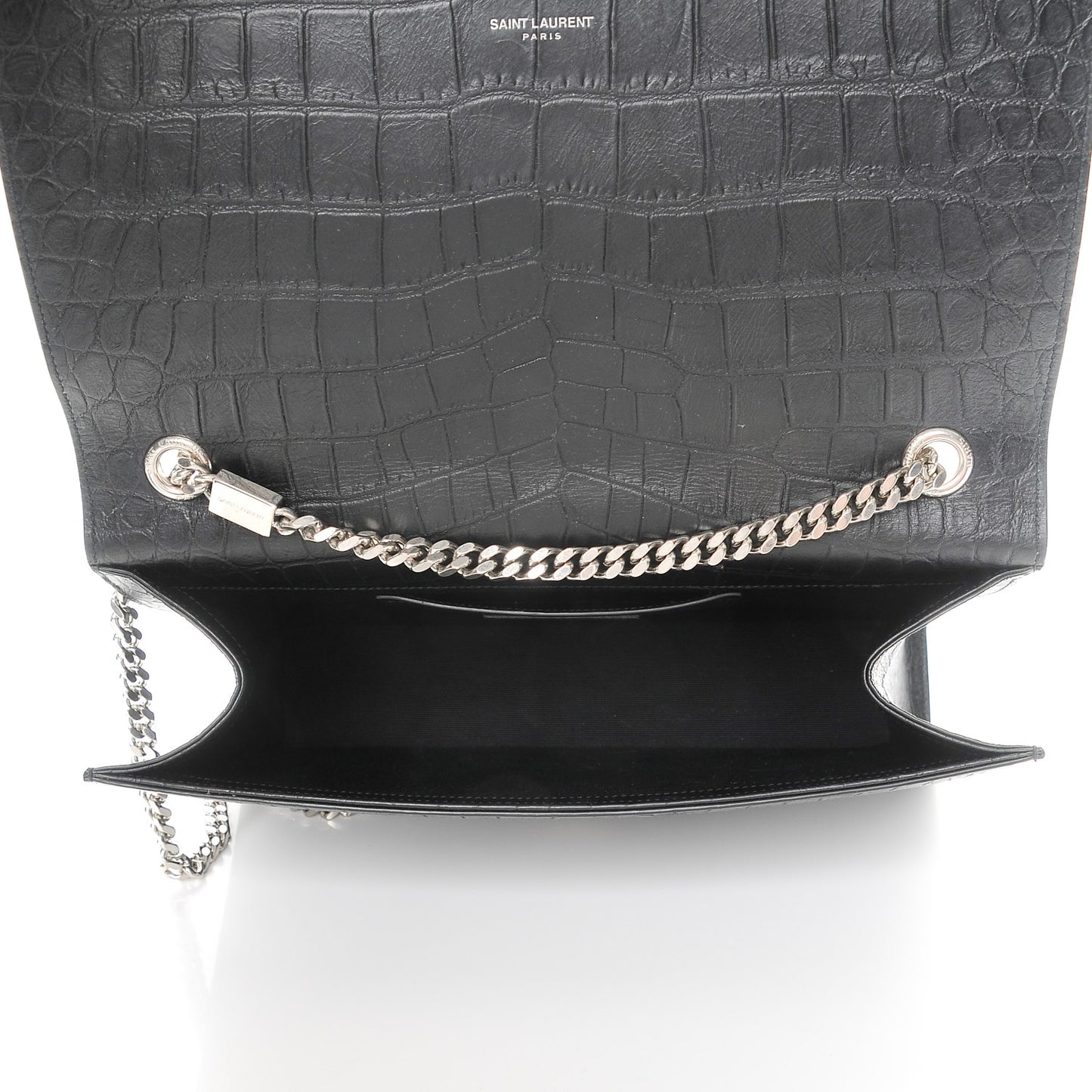 Calfskin Crocodile Embossed Large Classic Monogram Kate Satchel Black