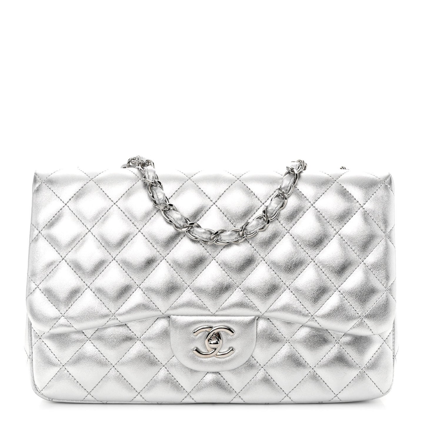 Metallic Lambskin Quilted Jumbo Single Flap Silver