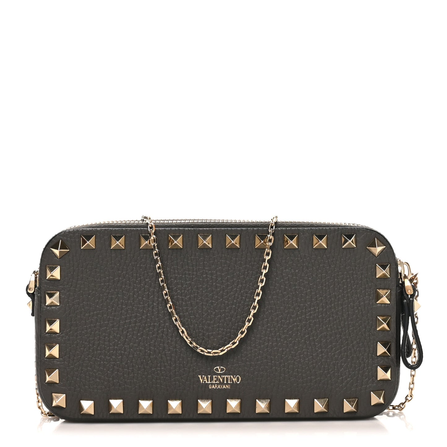 Pebbled Calfskin Rockstud Double Zip Camera Crossbody Bag Graphite