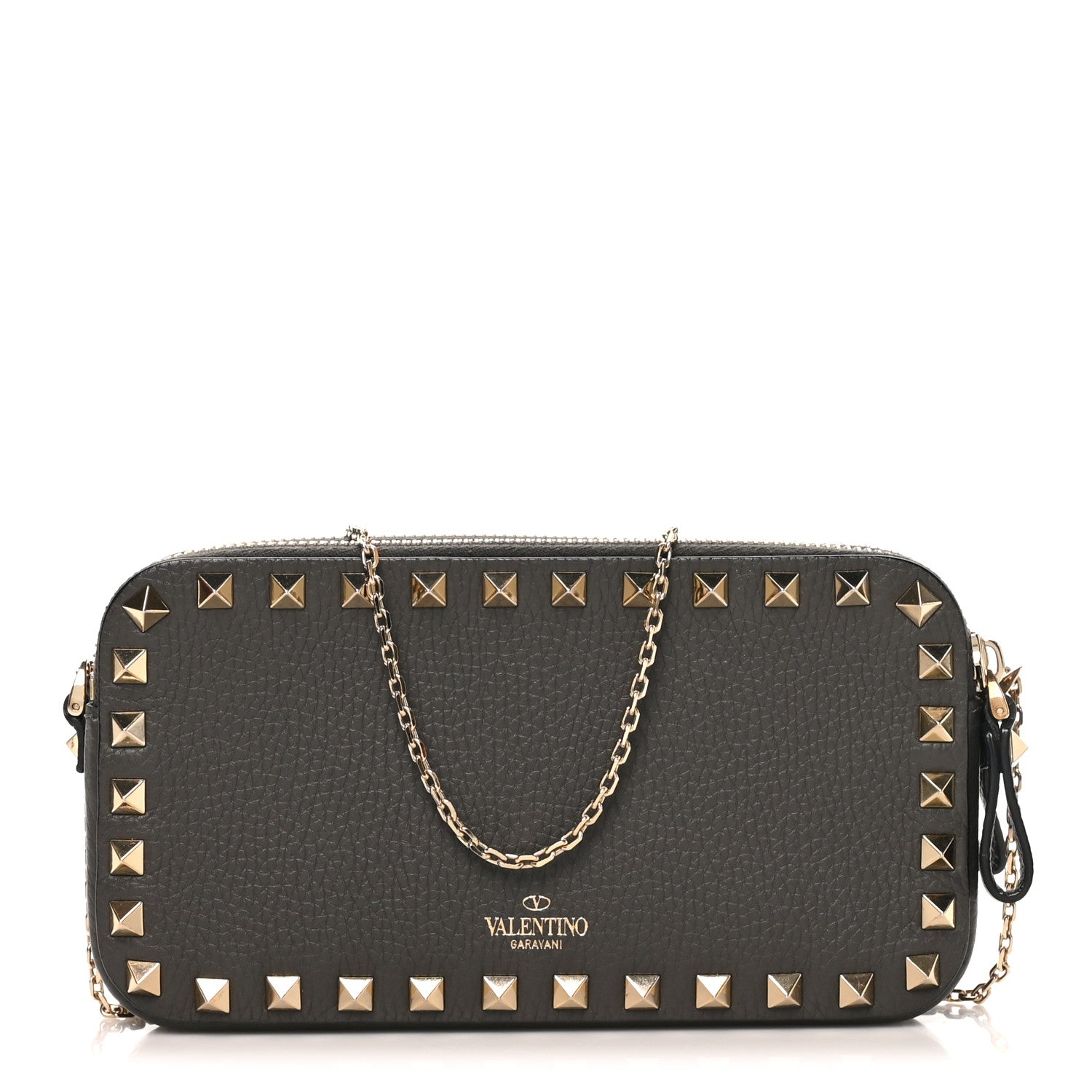 Valentino Garavani Pebbled Calfskin Rockstud Double Zip Camera Crossbody Bag Graphite 1 of 10