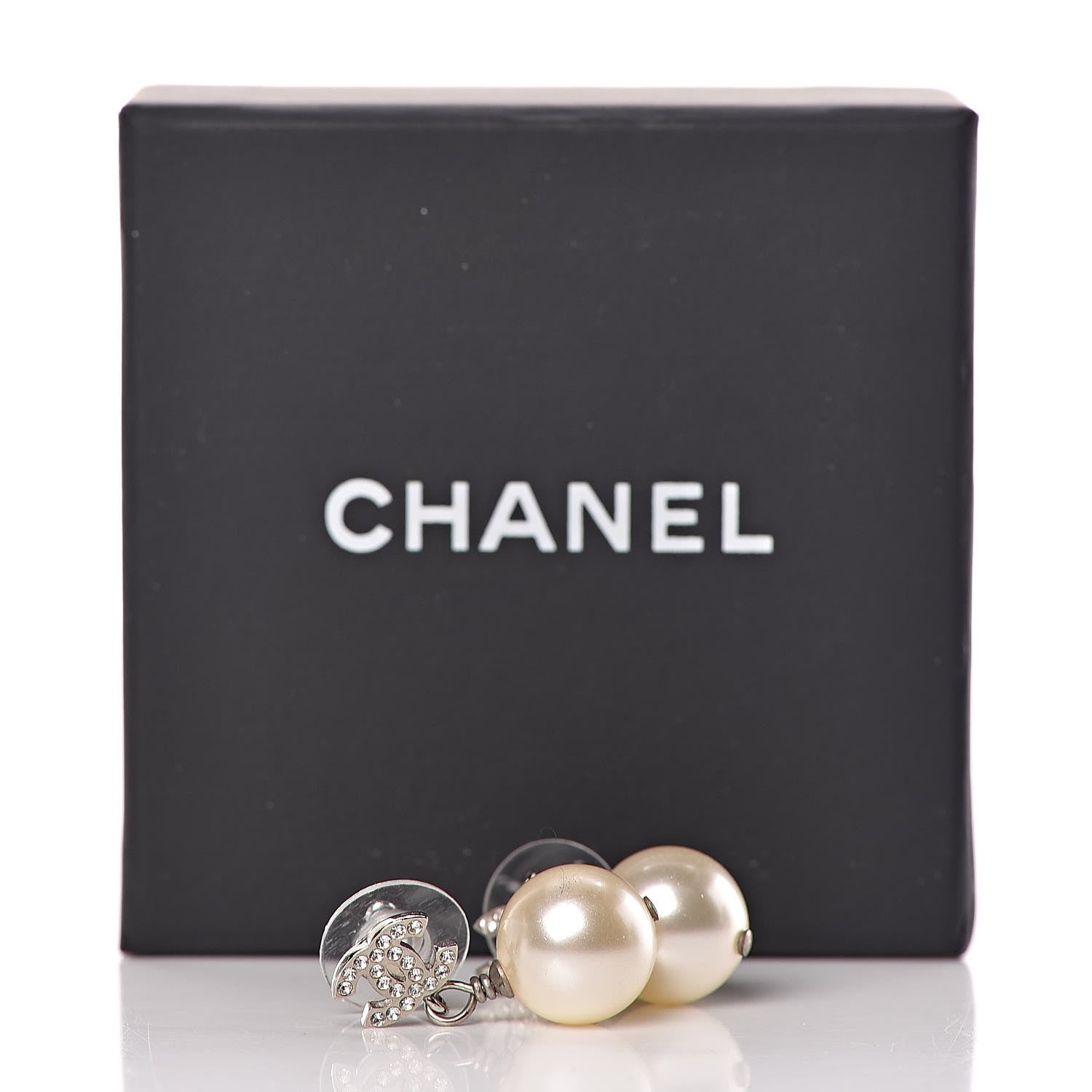 Chanel Crystal Pearl CC Drop Earrings Silver Pearly White 5 of 5