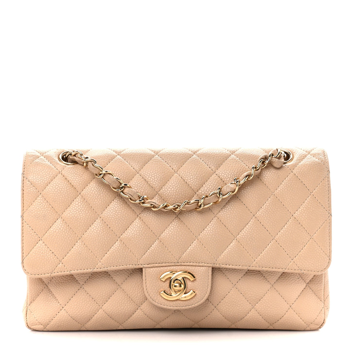 Caviar Quilted Medium Double Flap Beige