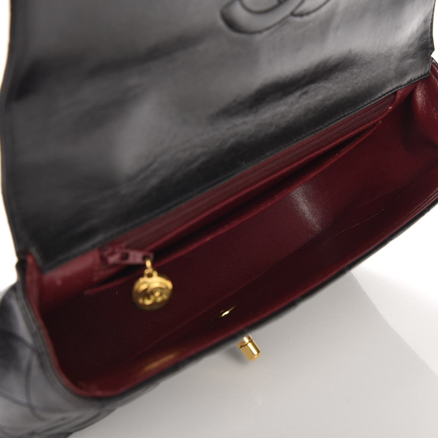 Lambskin Quilted Medium Rectangular Kelly Flap Bag Black