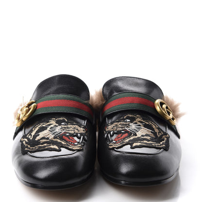 Gucci Goatskin Fur Web GG Tiger Embroidered Mens Princetown Slippers 9.5 Black 3 of 8