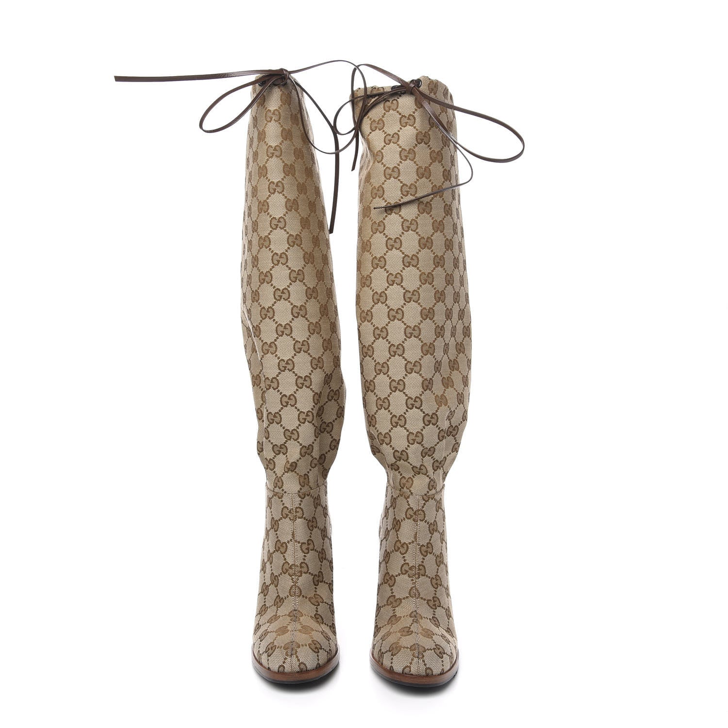 Gucci Monogram Malaga Kid Lisa Mid Heel Boots 37 Beige Ebony 2 of 7