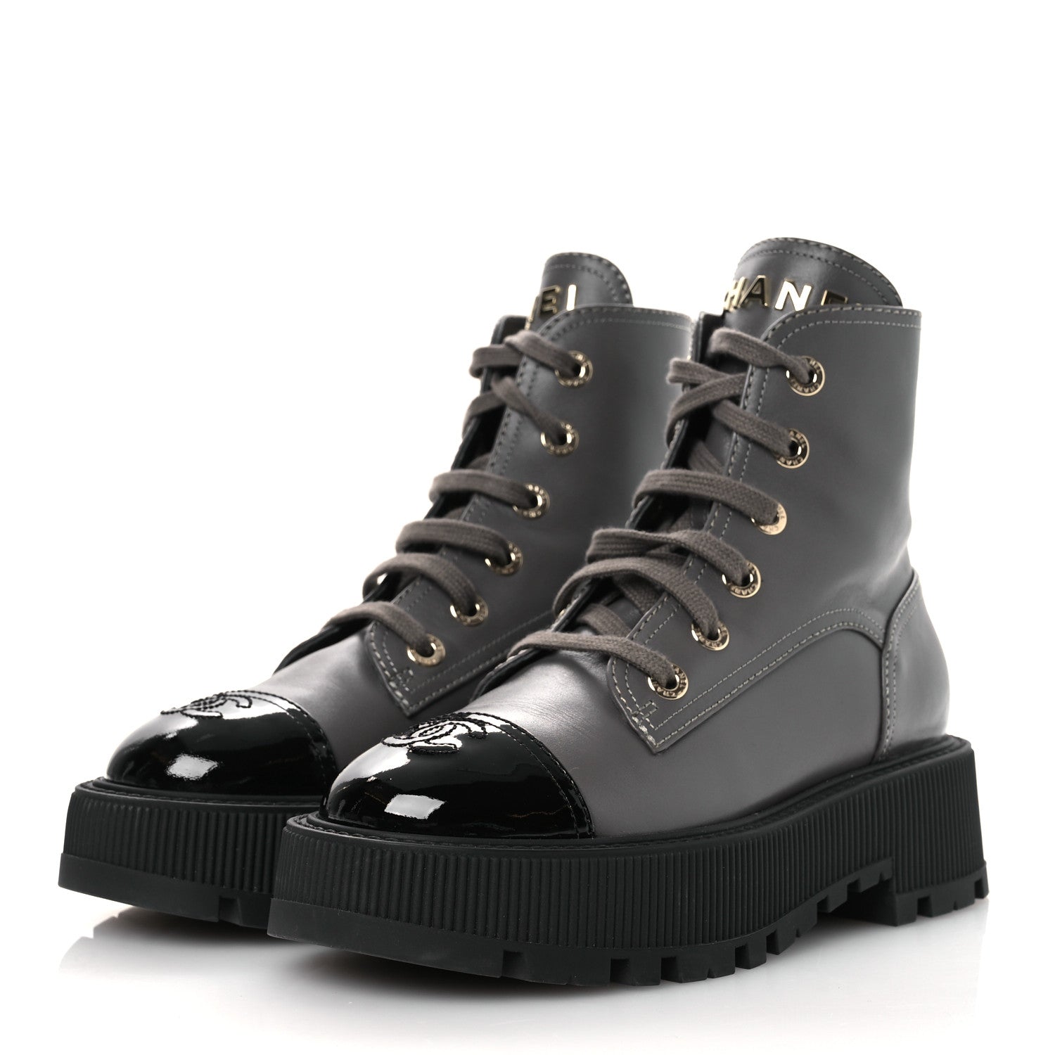 Chanel Calfskin Patent Calfskin CC Lace Up Combat Boots 36.5 Gray Black 4 of 11