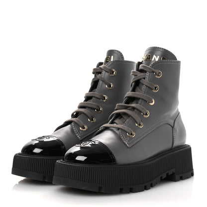 Chanel Calfskin Patent Calfskin CC Lace Up Combat Boots 36.5 Gray Black 4 of 11