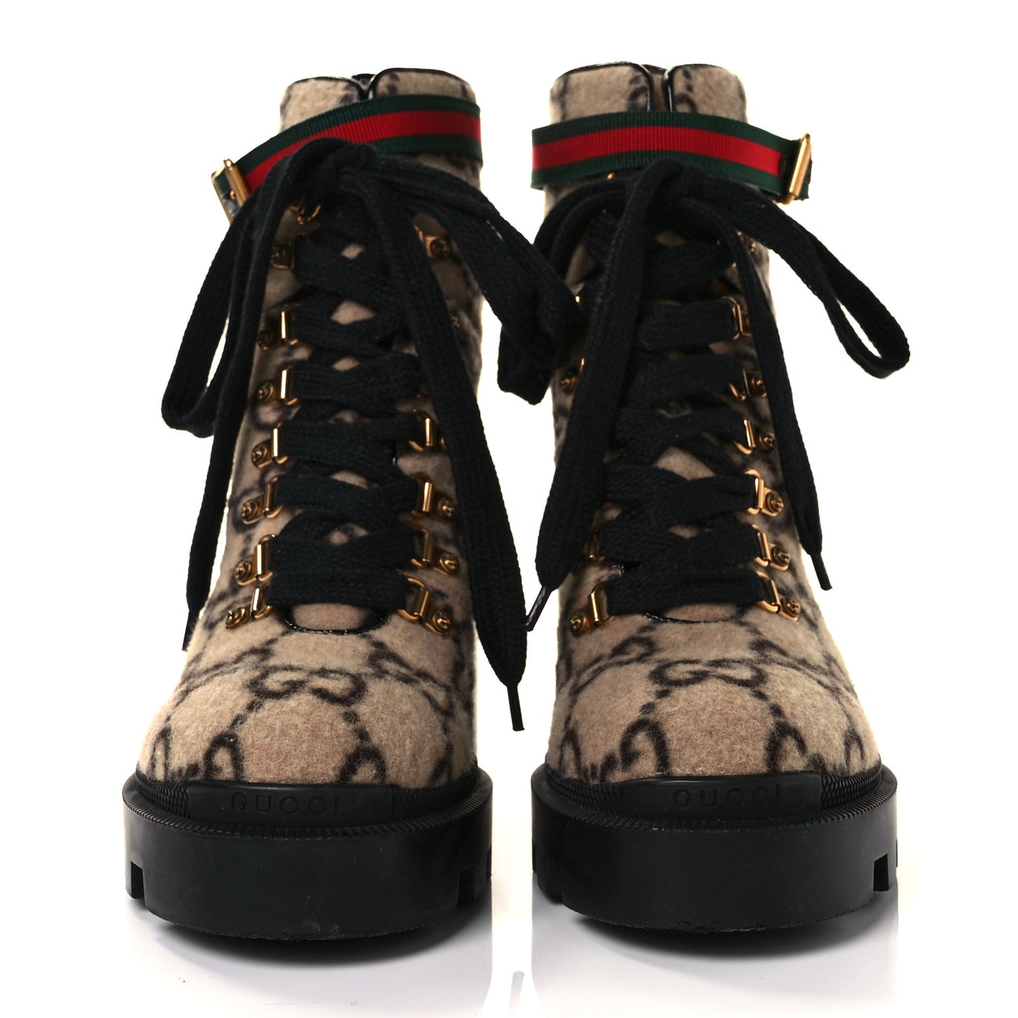 Covered Wool GG Monogram Womens Lace Up Combat Ankle Boots 39.5 Beige Ebony Black