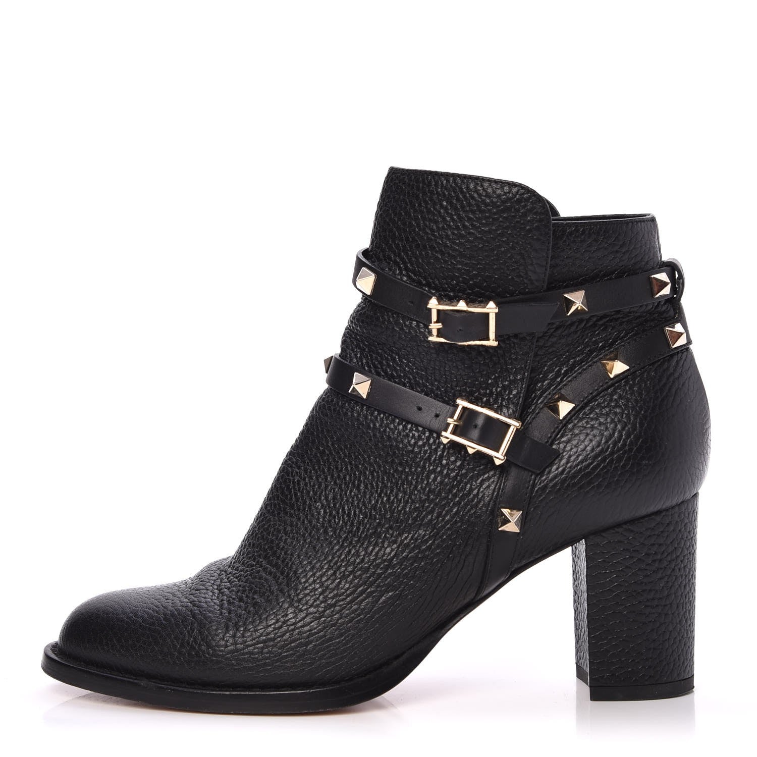 Valentino Garavani Pebbled Calfskin Rockstud Double Buckle 70mm Block Heel Ankle Boots 38.5 Black 1 of 11