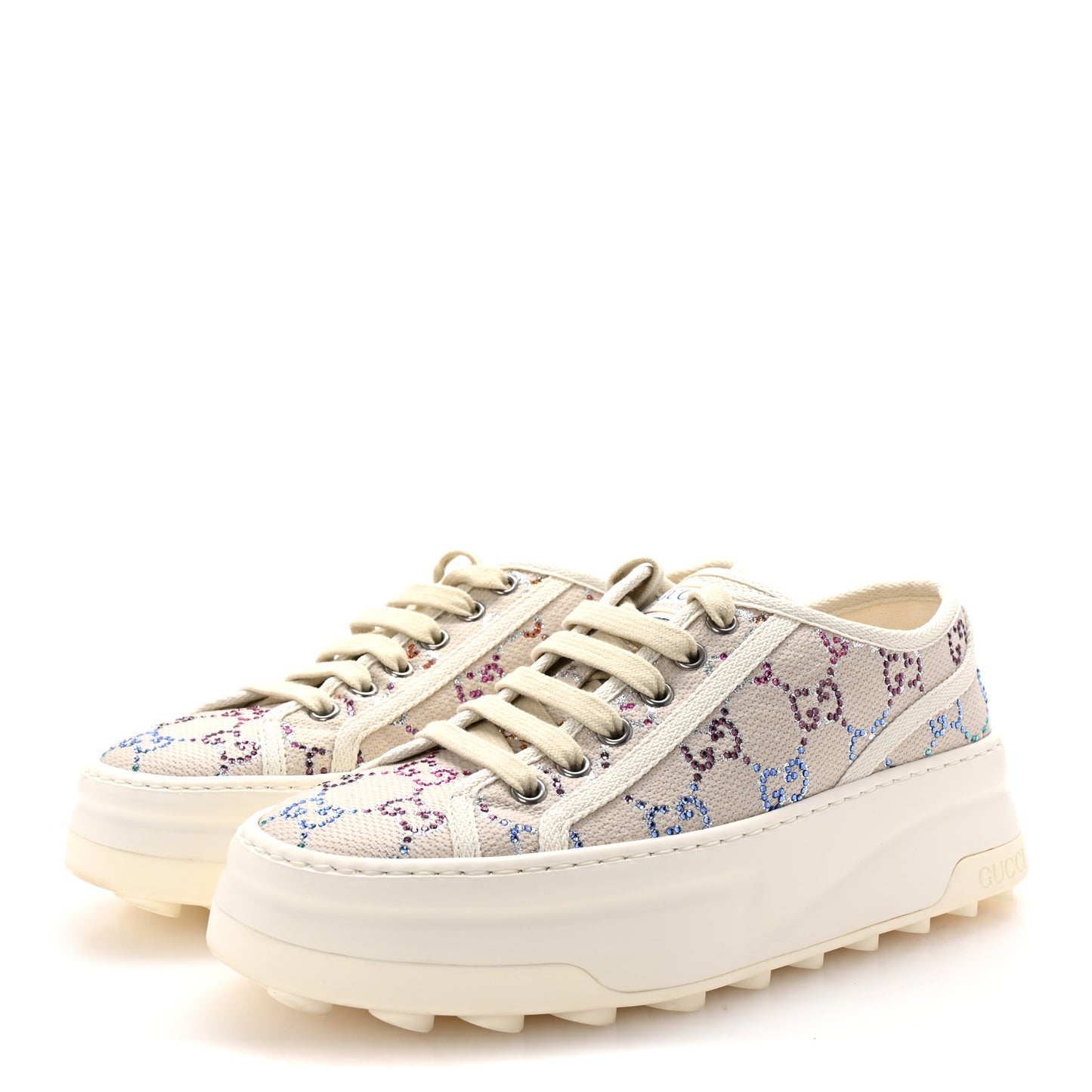 Canvas Lame Crystal GG Monogram Womens 1977 Tennis Sneakers 37.5 Gardenia Silver Mystic White