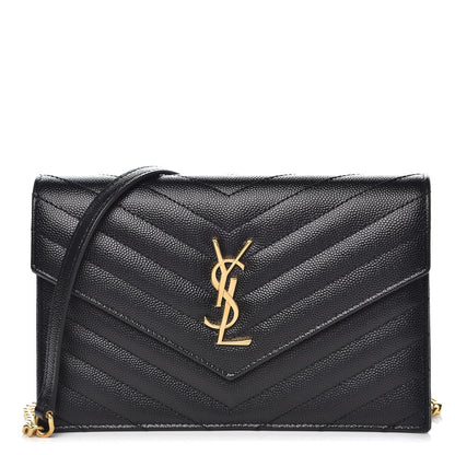 Saint Laurent Grain De Poudre Matelasse Chevron Monogram Envelope Chain Wallet Black 1 of 8
