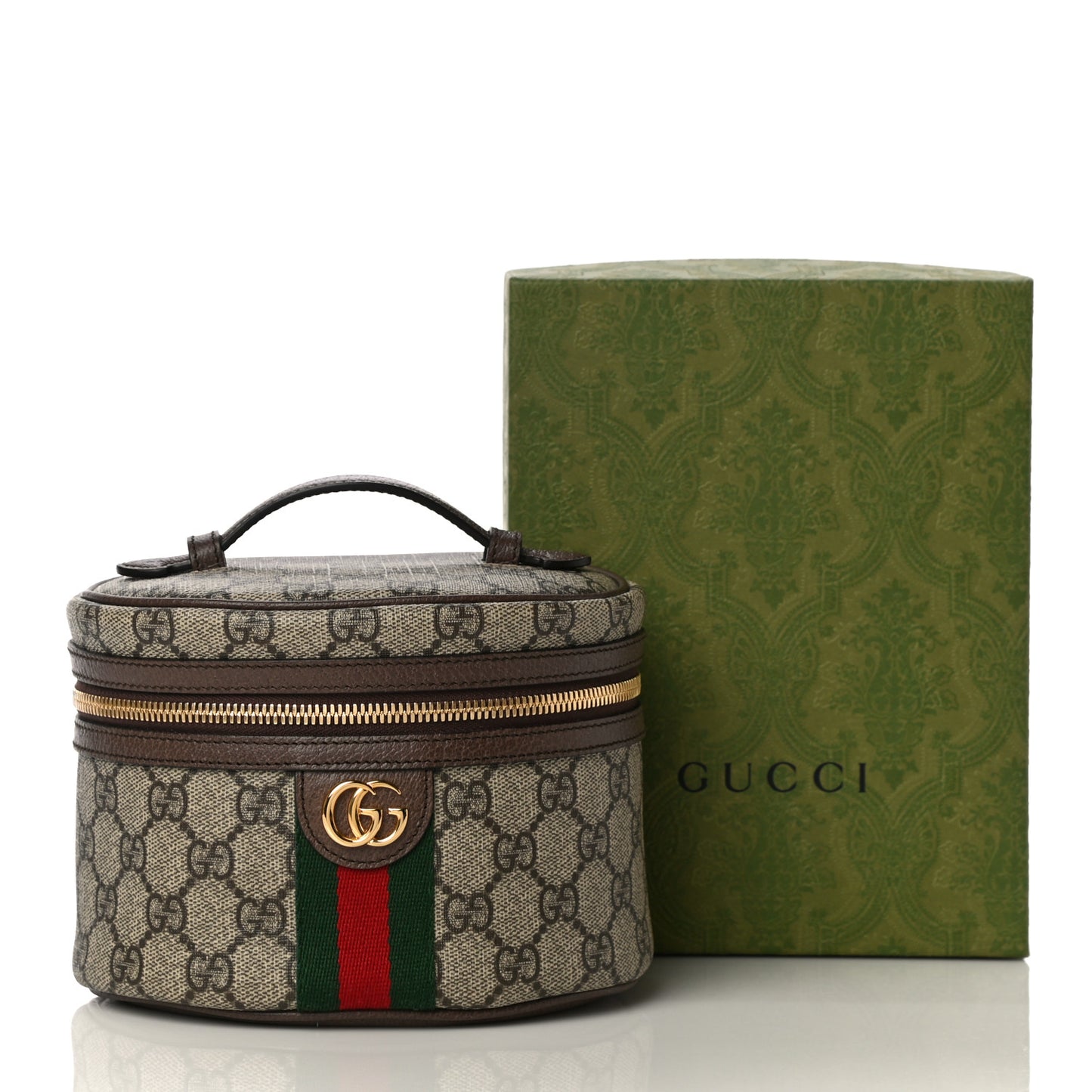 GG Supreme Monogram Textured Calfskin Web Ophidia Vanity Cosmetic Case Beige Ebony New Acero