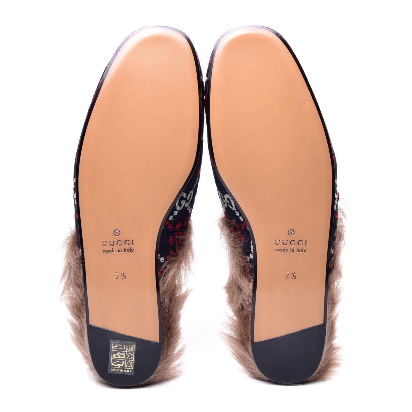 Canvas GG Monogram Diamond Fur Web GG Mens Princetown Slippers 7.5 Midnight Blue Hibiscus Red