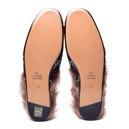 Gucci Canvas GG Monogram Diamond Fur Web GG Mens Princetown Slippers 7.5 Midnight Blue Hibiscus Red 5 of 9