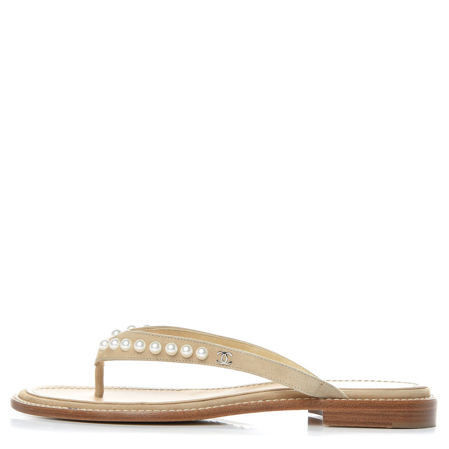 Chanel Suede Pearl Thong Sandals 39 Beige 1 of 8