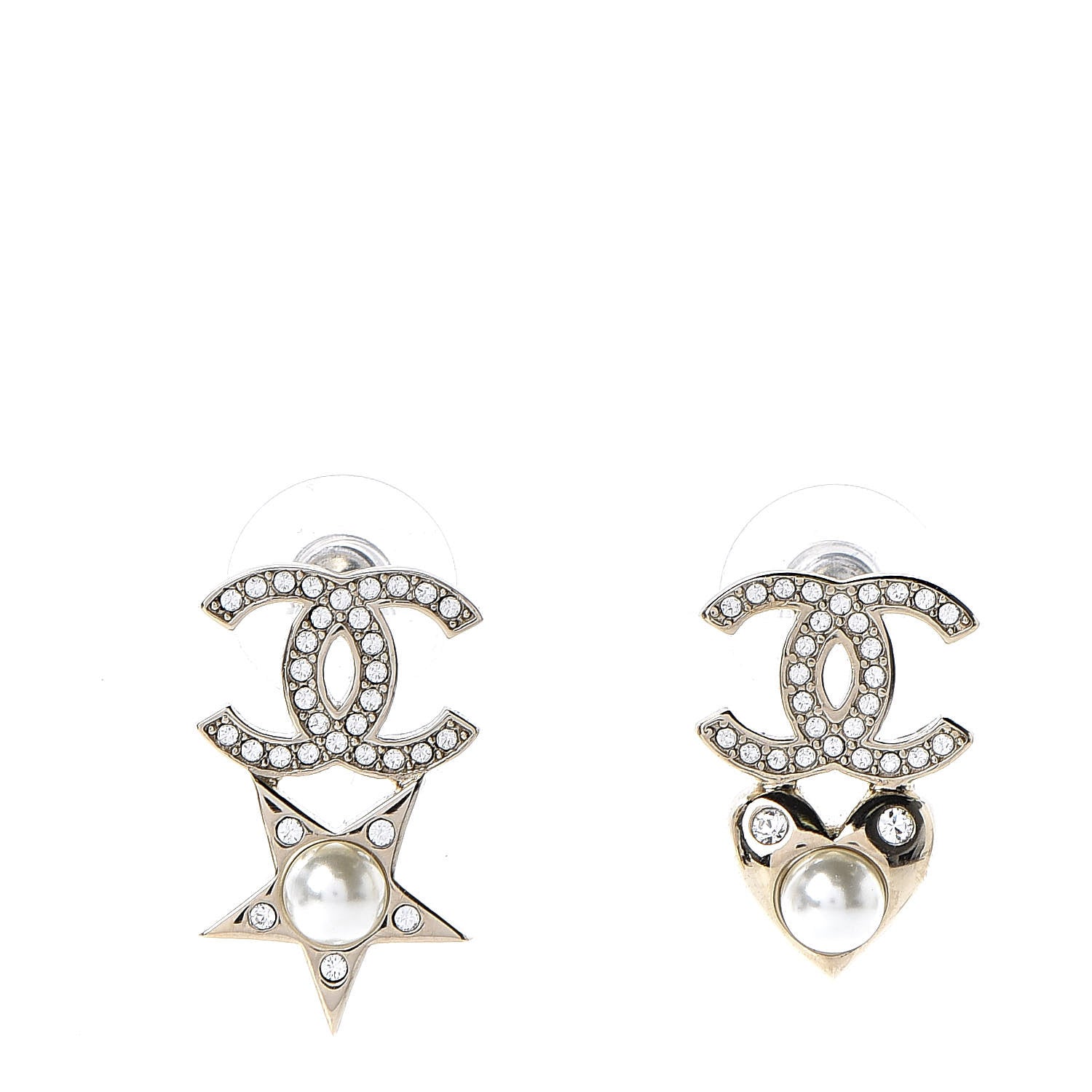 Chanel Crystal Pearl Charming Winter CC Star Heart Earrings Gold 1 of 5